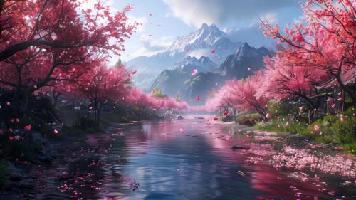 Mystical Cherry Blossom Mountains River