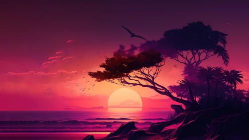 Sunset Over the Beach and Tree