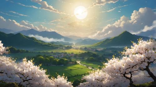 Sunrise Blooms: A Floral Field with Majestic Mountains
