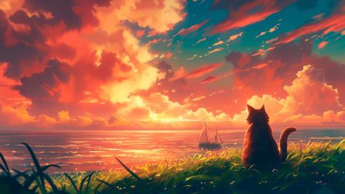 Whiskers and Waves: A Cat's Sunset by the Ocean