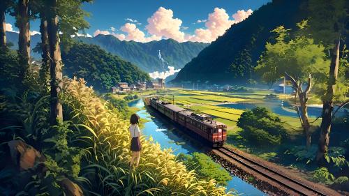 Serene Countryside Journey: Watching the Train Pass Through Lush Valley Fields