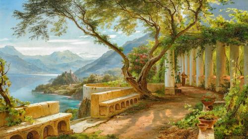 A monk and a novice at an Italian loggia, with an inlet and some mountains in the background by Carl Frederik Aagaard, 1877