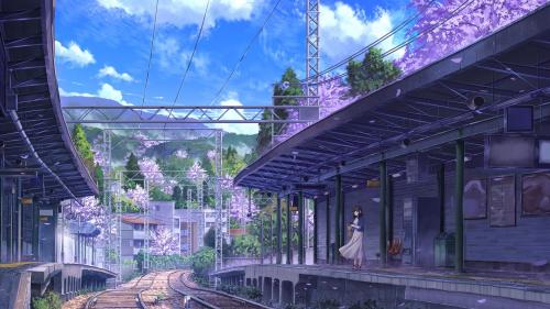 Tranquil Train Station in Springtime Anime