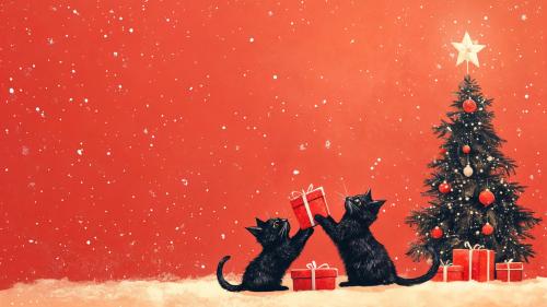 Two Lovely black cats are together, holding the gift box.