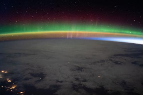 &quot;A bright aurora crowns Earth's horizon beneath a starry sky as the International Space Station flew into an orbital sunrise 264 miles above north Montana in the United States&quot; on October 30, 2021.