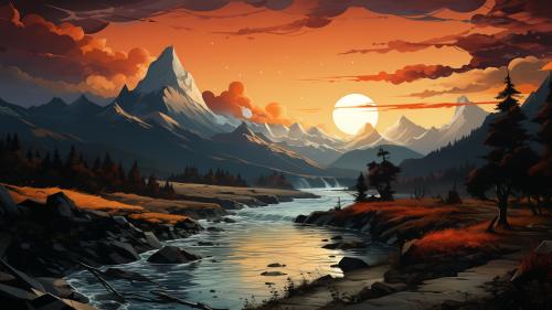 Sunset over a tranquil mountain river