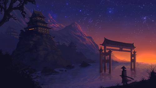 Traveler viewing a pagoda at night