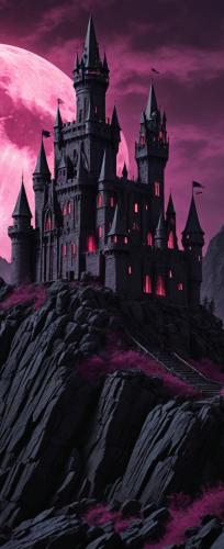 Under the blood-moon sky painted in hypnotic purples and pinks, the obsidian towers of the gothic keep loomed over the rugged landscape, whispering tales of ancient rites and forbidden knowledge.