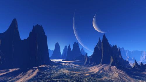 Alien landscape with jagged mountains and two crescent moons in a vast blue sky