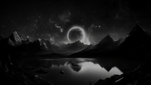 Black and white galaxy over mountains