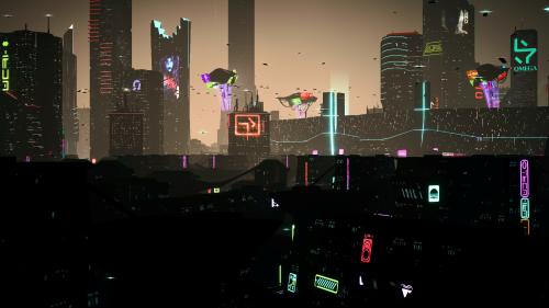 Futuristic themed city desktop wallpaper  picture captured from the Dystopika game.