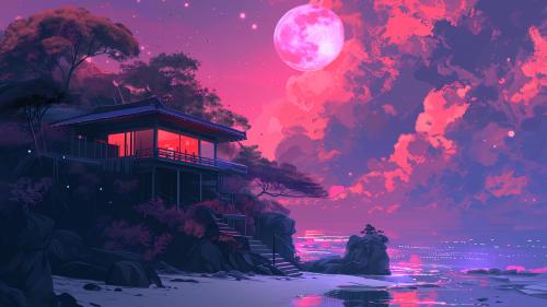 A serene seaside house bathed in pink moonlight, nestled among trees and rocks