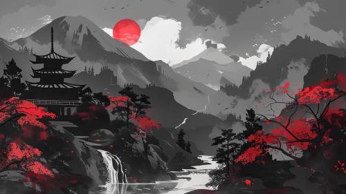 Red And Black Japanese Scenery Painting