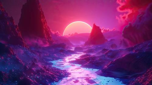 Surreal Neon Pink Sky Mountains