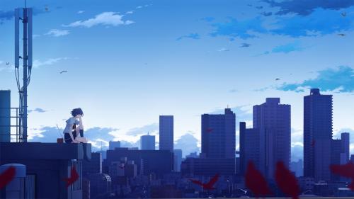 A melancholic anime girl watching the city