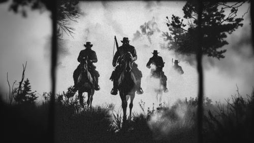 Outlaws in a foggy forest, inspired by RDR2