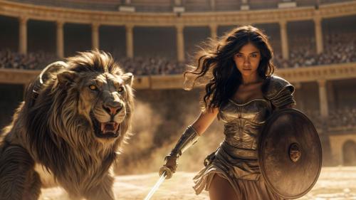 Heroic Woman And Ferocious Lion In Arena