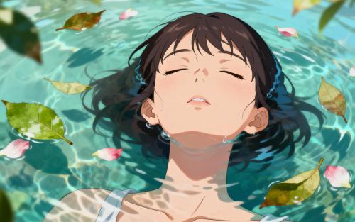 Eyes closed, carried by water.