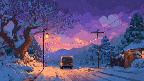 Winter Evening Snowy Road Bus String Lights Sunset