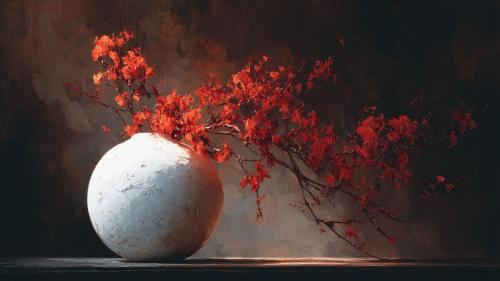 Abstract Realism Still Life Red Leaves White Vase Painting