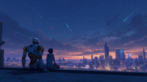 Girl &amp; Robot #3 – Sunset Cityscape
