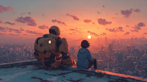 Girl &amp; Robot #4 – Sunset Cityscape