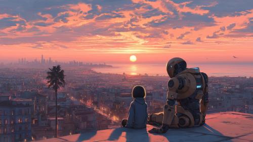 Girl &amp; Robot #5 – Sunset Cityscape