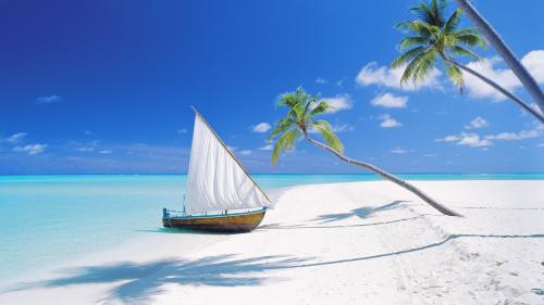 Dhoni moored by empty beach, Maldives