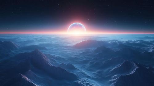 Alien Planet Sunrise Over Icy Mountains