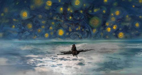 Musashi sitting on a rock along mixed with starry night environment wallpaper but from further pov