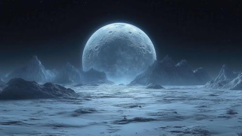 Frozen Alien Terrain Under Enormous Moon
