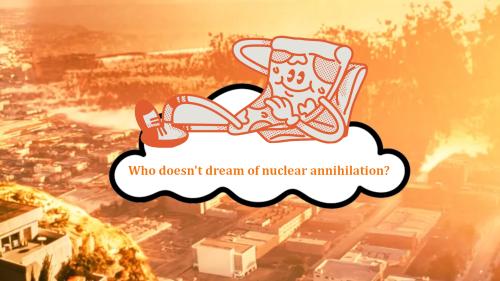 Pizza Nuclear Destruction  Pizza kicking back on a cloud watching the world explode by an nuclear blast.