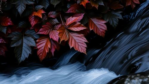 Red leaves on a frozen stream
