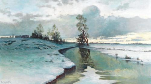 Sunset over a Winter Landscape by Unknown Russian painter