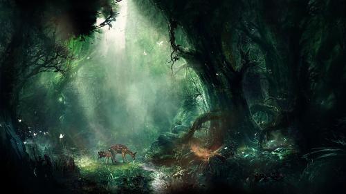 Deer and offspring in a thick forest
