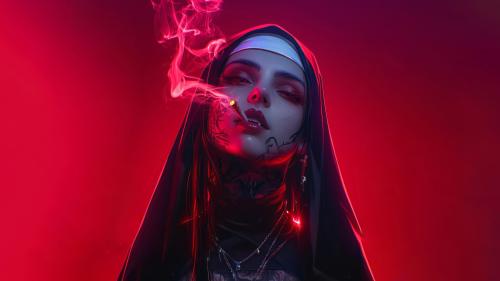 Anime-girl-vampire-nun-smoking-4k-wallpaper
