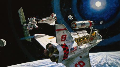 Illustration for Isaac Asimov's novel Man in Space by Robert McCall, 1974