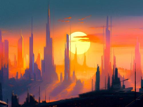 Futuristic Sci-Fi Cityscape Digital Wallpaper – Sunset Skyline Art for Desktop, Tablet & Laptop | Digital Download Wall Art