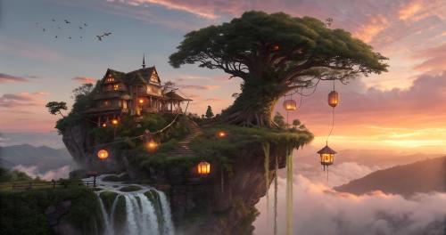 Floating house with lanterns and waterfall -