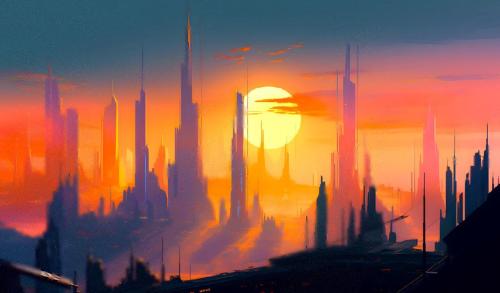 Futuristic Sci-Fi Cityscape Digital Wallpaper – Sunset Skyline Art for Desktop, Tablet & Laptop | Digital Download Wall Art