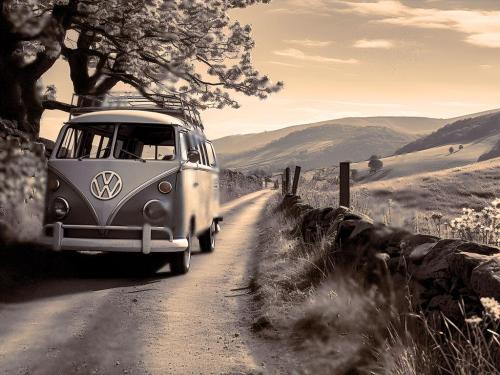 Vintage VW Van Wallpaper – Retro Camper in Countryside | Digital Download for Phone, Tablet & Desktop
