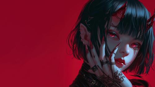 Anime girl demon horn red eyes 4k-wallpaper