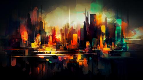 Colorful Abstract Cityscape Wallpaper – Futuristic Digital Art Background for Desktop &amp; Phone | Vibrant Sci-Fi Aesthetic