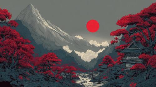 Red Sun Over Japanese Mountain Temple Landscape