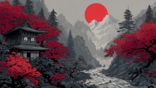 Scarlet Autumn Temple Against Mountain Sunrise