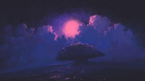 Young couple under a tree at night