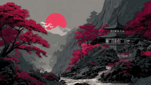 Red Sun Illuminating Japanese Temple Mountain Scene