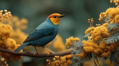 Blue and Yellow Bird Perched Among Golden Blossoms