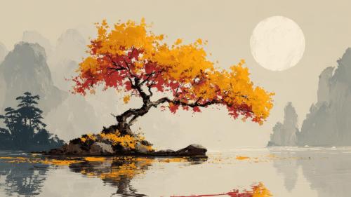 Serene Autumn Bonsai Tree By Moonlit Lake Japanese Art