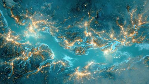 Luminous Blue Water Flowing With Golden Lights